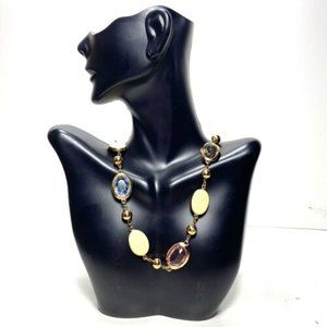 Vintage Necklace Gold Tone Beads Faux Ivory Pearl Medallion Faceted Pastel Glass